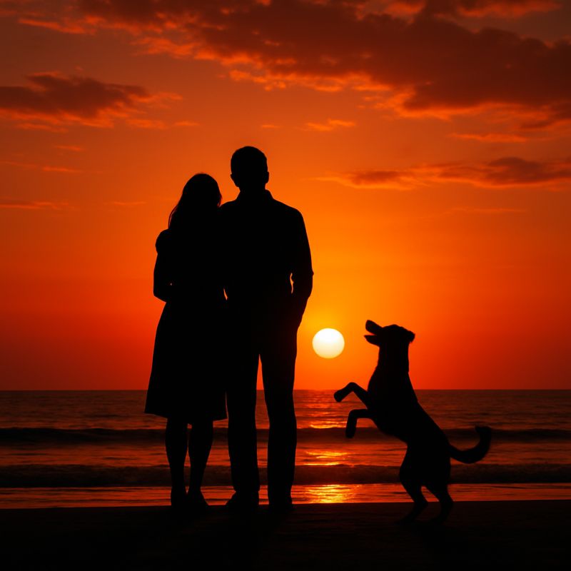 Romantisches Foto eines Ehepaars während des Hundeurlaubs in Friedrichskoog bei Sonnenuntergang